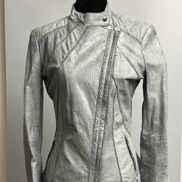 Hugo Boss Orange Genuine Leather Womens Biker Jacket in Silver/Grey - Picture 1 of 16